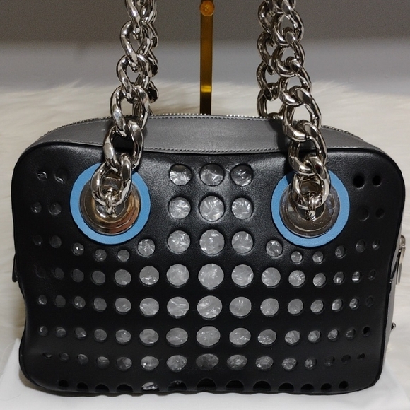Prada City Fori Black Leather Perforated Chain Shoulder Bag W Pouch/Dust Bag - Picture 3 of 15